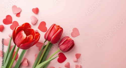 Red tulip blossoms with paper hearts on a pastel pink background copy space for adding text or design