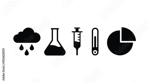 A minimalist vector illustration featuring a rain cloud with raindrops and a beaker on a white background, flat design