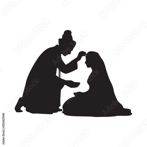 Silhouette of a kneeling figure attending to a seated woman