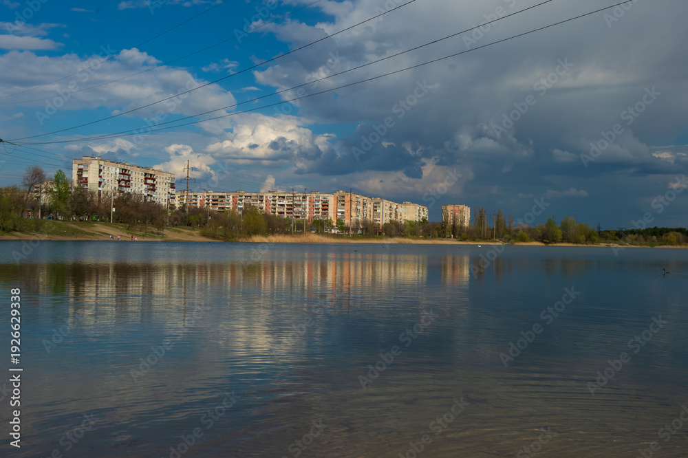 Fototapeta premium Chystoye Lake and Sievierodonetsk Residential Quarters Before the War