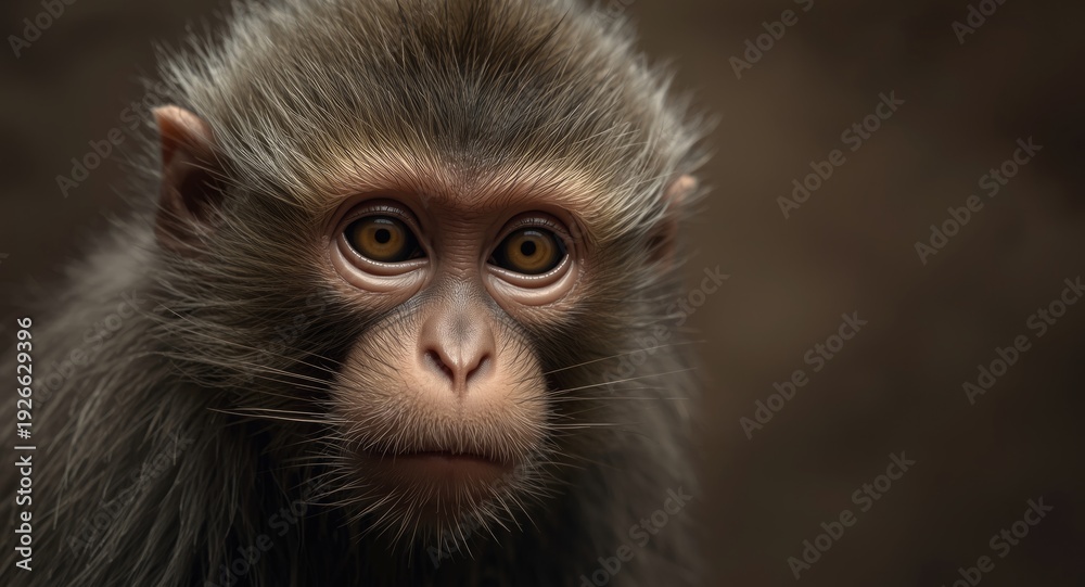 Fototapeta premium Close portrait of a furry monkey illustrating emotional depth