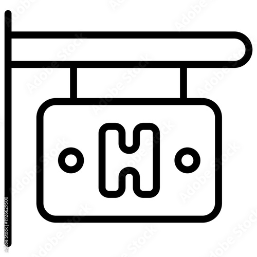Hotel Sign Outline Icon Design Vector - Hanging storefront sign with letter H representing hotel, accommodation, and lodging services