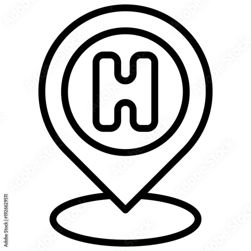 Hospital Pin Outline Icon Design Vector - Map location pin with medical cross representing hospital, emergency care, and healthcare navigation