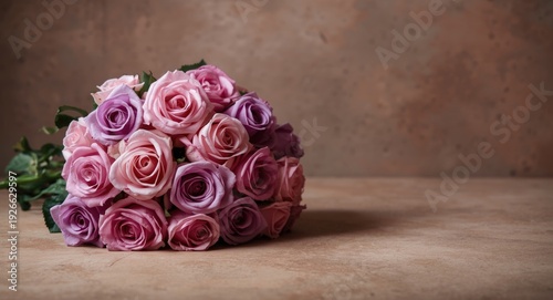 Pink and purple roses bouquet on a natural backdrop with ample copy space for customization
