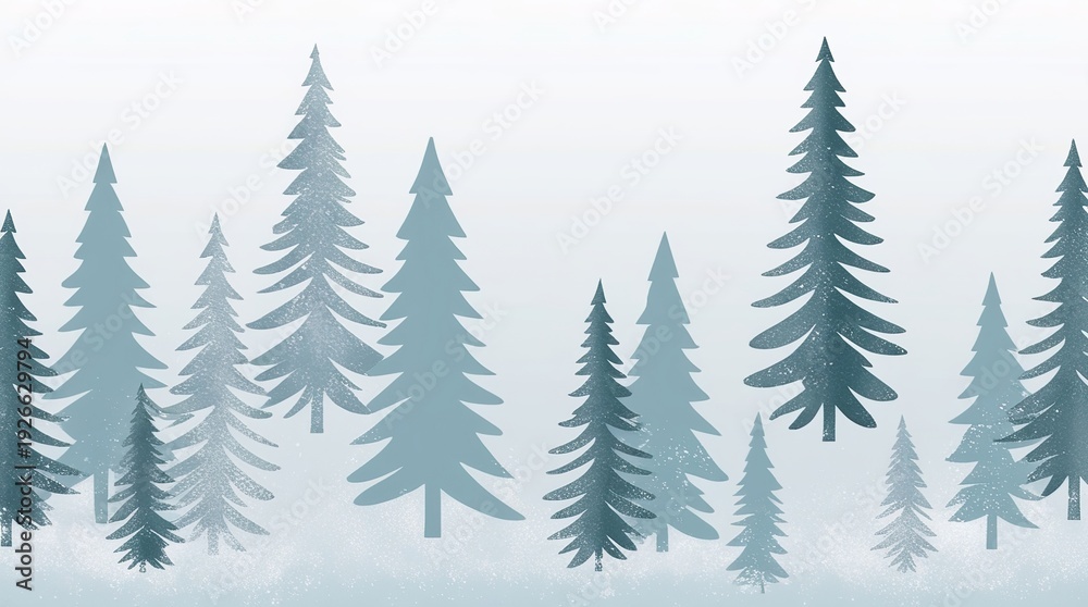 Obraz premium Minimalist Icy Blue Pine Tree Border – Scandinavian Winter Forest Seamless Illustration 