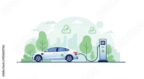 Illustration of an electric vehicle at an outdoor charging station with green trees and recycling symbols in the background.