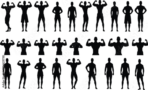 Silhouette collection of diverse bodybuilding and fitness poses showcasing muscular physique, strength training, athletic form, gym exercise, male and female figures, black outline