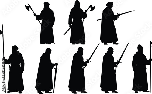 Medieval warrior silhouette collection, cloaked soldiers with sword, axe, spear and halberd, historical knight figures isolated on white background