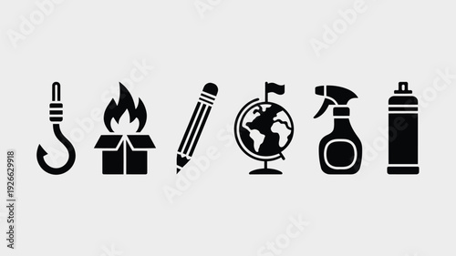 Black line art icons of hook, burning gift box, and pencil vector illustration