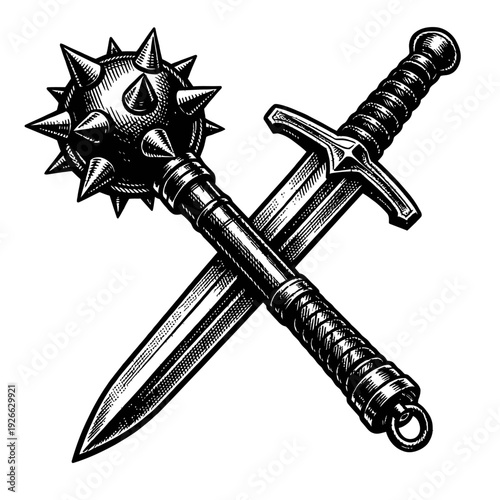 Black and white engraving of a medieval spiked mace and a knight's sword, crossed in an iconic X-formation. This detailed vintage woodcut illustration embodies historical combat, fantasy themes, stren