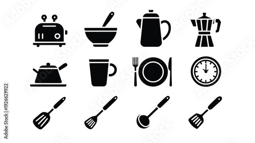 Black kitchen utensils and appliances vector illustration, flat design
