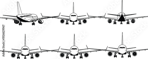 Silhouette airplane illustration, commercial aircraft front view, aviation design, passenger planes, flight concept, engineering artwork, black and white transportation graphic