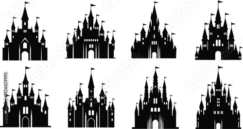 Silhouette castle illustration, fantasy architecture, medieval fortress, royal palace, towers and turrets, flags, historical design, black and white artwork, fairytale theme
