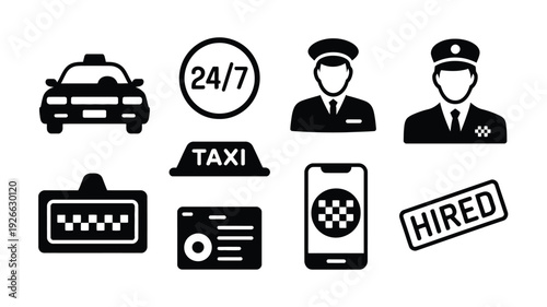 Black silhouette taxi icons set with 24/7 service sign vector illustration