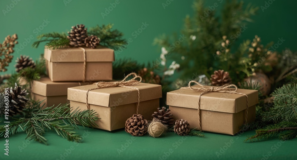 Naklejka premium Natural Christmas decor combined with reusable gift boxes in sustainable zero waste scene over green backdrop