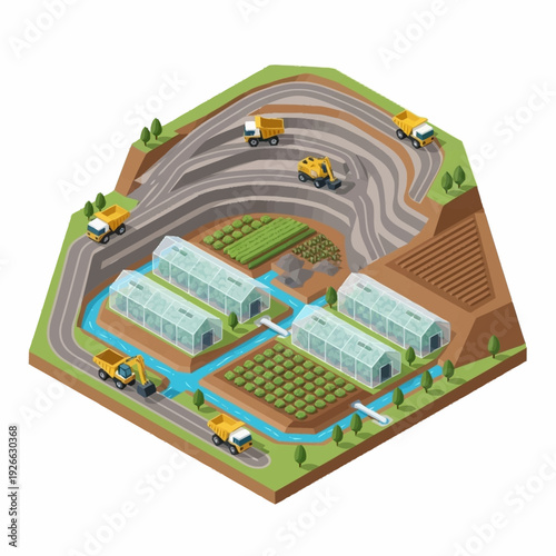 Isometric illustration of a modern agricultural and mining complex.