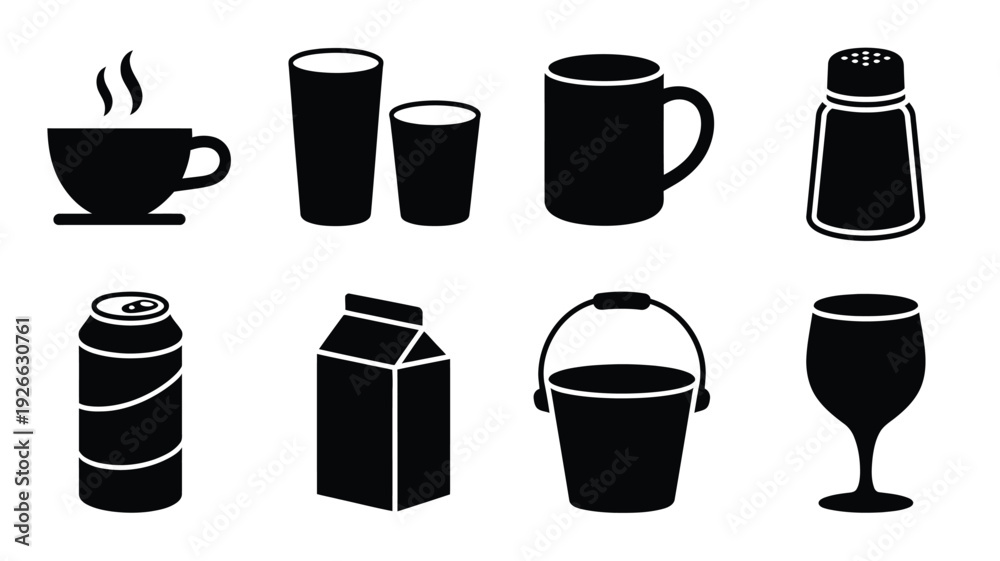 custom made wallpaper toronto digitalBlack vector illustrations of coffee cup, glasses, soda can, and juice box on white background, flat design