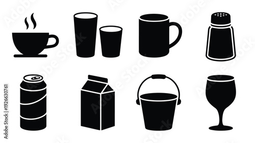Black vector illustrations of coffee cup, glasses, soda can, and juice box on white background, flat design
