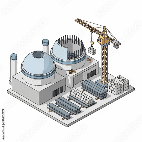 Isometric Nuclear Power Plant Construction Site with Crane and Materials.