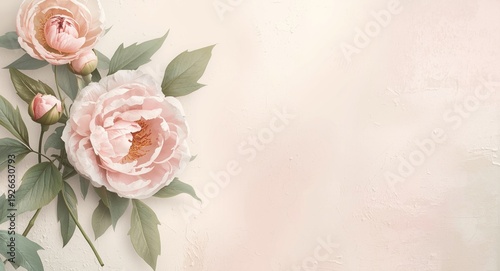 Peony floral motif on subtly textured pastel wall surface for decorative murals