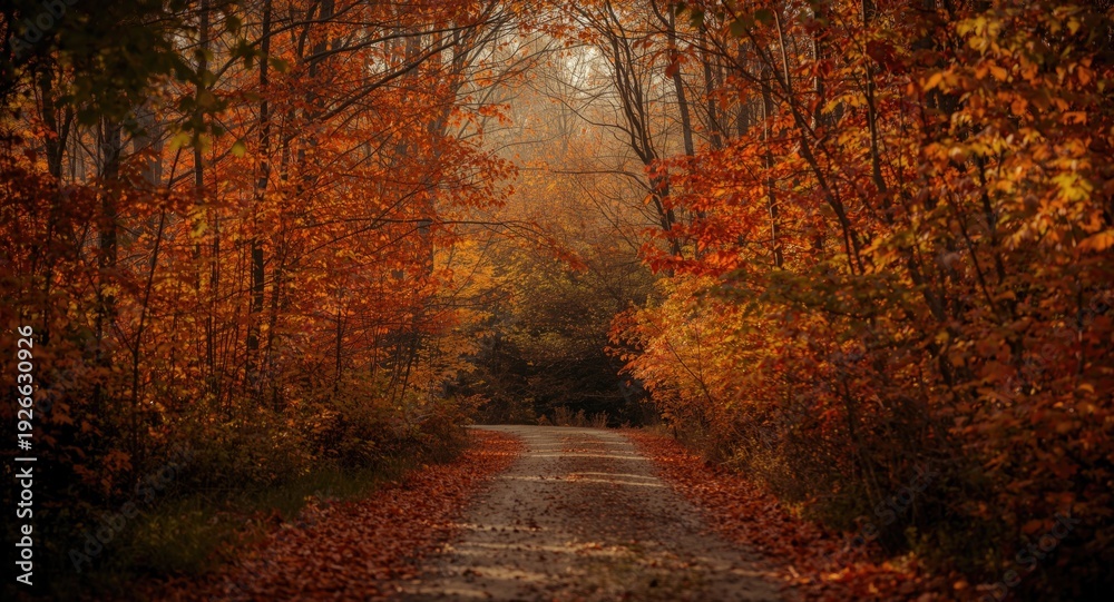 Fototapeta premium Serene fall trail in an autumn forest rich with colorful leaves and golden lighting