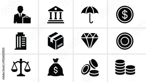Business and law vector illustration set including businessman, bank, office building, package delivery, justice scales, and money bag flat design