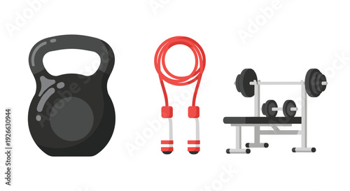 Assortment of gym training gear showcasing a dark kettlebell, a bright red skipping rope, and a loaded barbell with a bench.