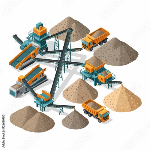 Isometric Sand and Gravel Production Plant with Conveyor Belts and Dump Trucks.