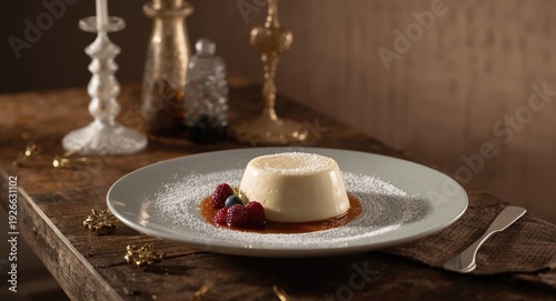 Chef's refined vanilla panna cotta dessert beautifully plated on wooden table with decorative accents