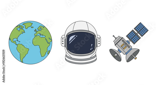 Space exploration icons featuring a blue and green Earth globe, an astronaut's white helmet, and a communication satellite.