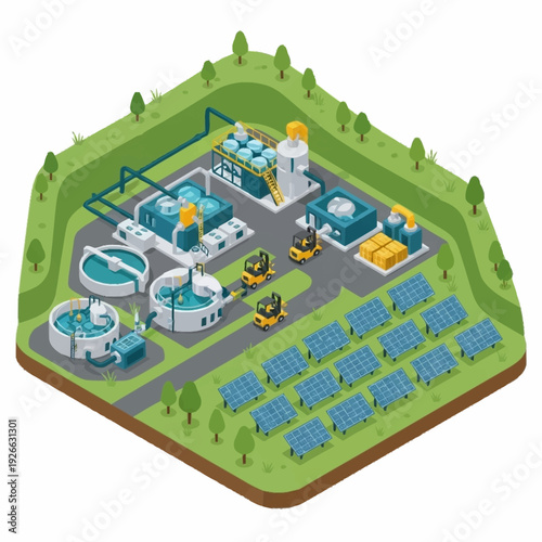 Isometric view of a modern water treatment plant with solar panels.