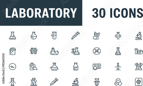 Laboratory equipment icons for science research and medical analysis with clean line art