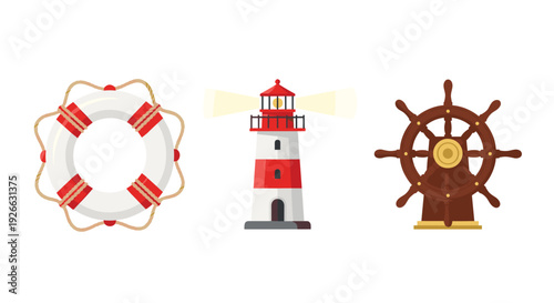 Essential marine objects: a beacon lighthouse, a rescue lifebuoy, and an antique ship's helm, presented on a white background.
