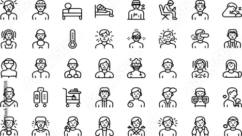 Set of illness symptoms and medical conditions simple line icons collection