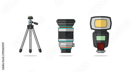 Essential photography equipment set with a gray tripod, a multi-ring camera lens, and an external flash unit.