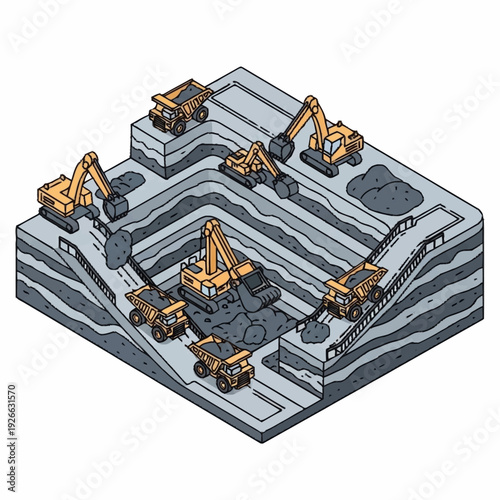 Isometric view of an open-pit mine with heavy machinery.