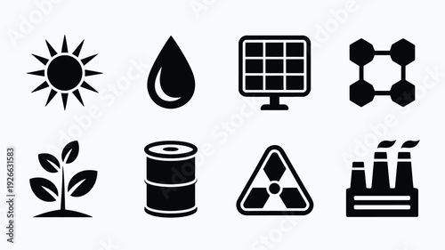 Collection of minimalist silhouettes including sun, water drop, plant, and oil barrel vector illustration