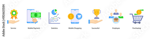 Service and Business Success web banner featuring Service, Mobile Payment, Statistics, Mobile Shopping, Successful, Employee, and Purchasing.
