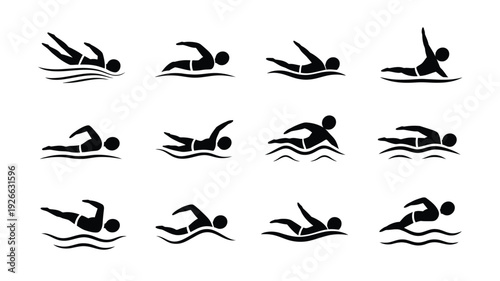 Collection of minimalist line art swimmers in various poses vector illustration