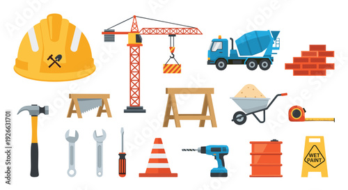 Comprehensive collection of construction elements and tools, including heavy machinery, safety gear, and hand tools.