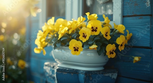 Yellow pansies growing in w...