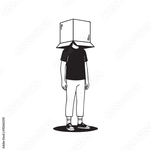 Black and white line art illustration of a person standing with a cardboard box covering their head. Minimalist vector drawing of an anonymous man hiding.
