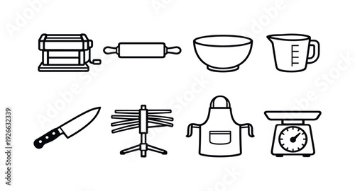 Home noodle making tools: pasta machine, rolling pin, mixing bowl, measuring cup, chef knife, drying rack, apron, kitchen scale