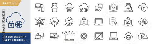 Cyber Security & Protection Line Icons – Secure Cloud, Encryption, Firewall and Digital Defense Vector Pack
