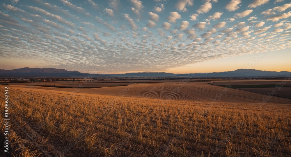 Fototapeta premium Balanced farmland perspective with golden cultivated fields and distant peaks beneath a calm cloud pattern at dusk