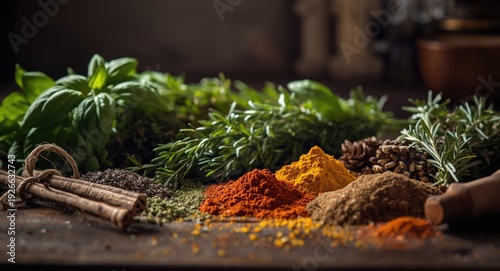 Fresh herbs and ground spic...