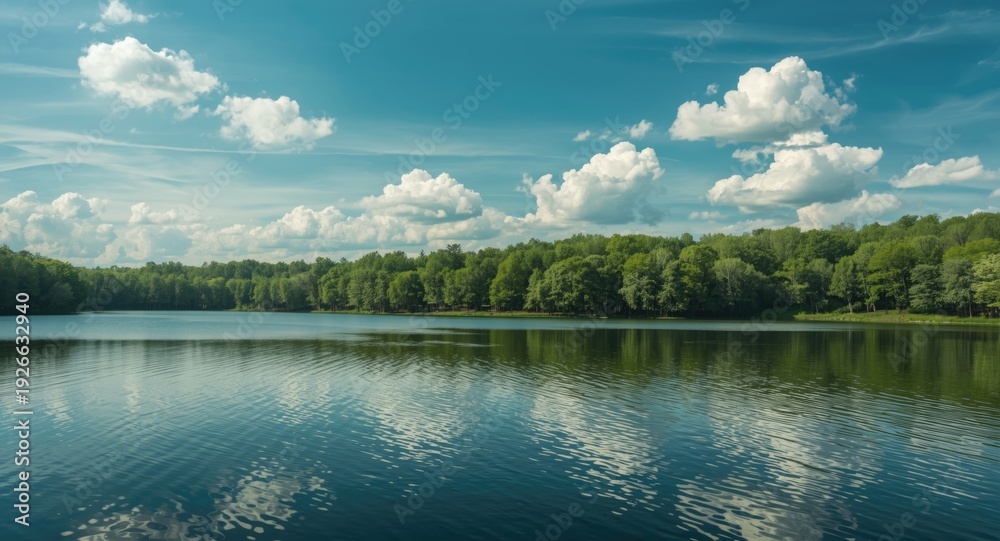 Fototapeta premium Inviting summer lake scene with dense treeline and soft cloudy sky