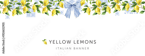 Lemon branches with yellow fruits, green leaves, tile, blue striped bow, white background. Banner template with text. Vector illustration. Italian coast. Summer border design 