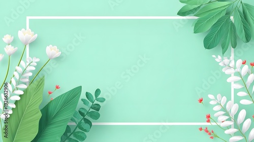 An elegant high detail showcasing vibrant green leaves and soft white blossoms arranged in an abstract floral frame on a subtle pastel backdrop for spring design