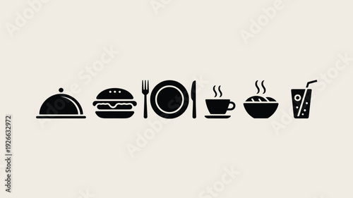 Food icons set with cloche dish, burger and plate vector illustration, flat design